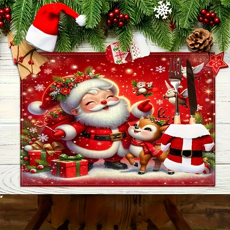 2pc Set Of ChristmasThemed Red PlacematsMade Of LinenFestive Table MatsMeasuring Inches By Inches