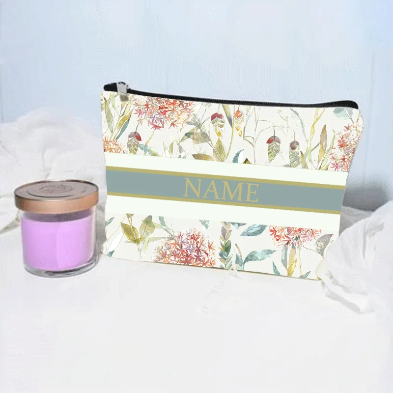 Light Floral Makeup Bag Custom Name Cosmetic Case for Women Travel Necessity Lipstick Storage Trendy Luxury Canvas Bags Clutch