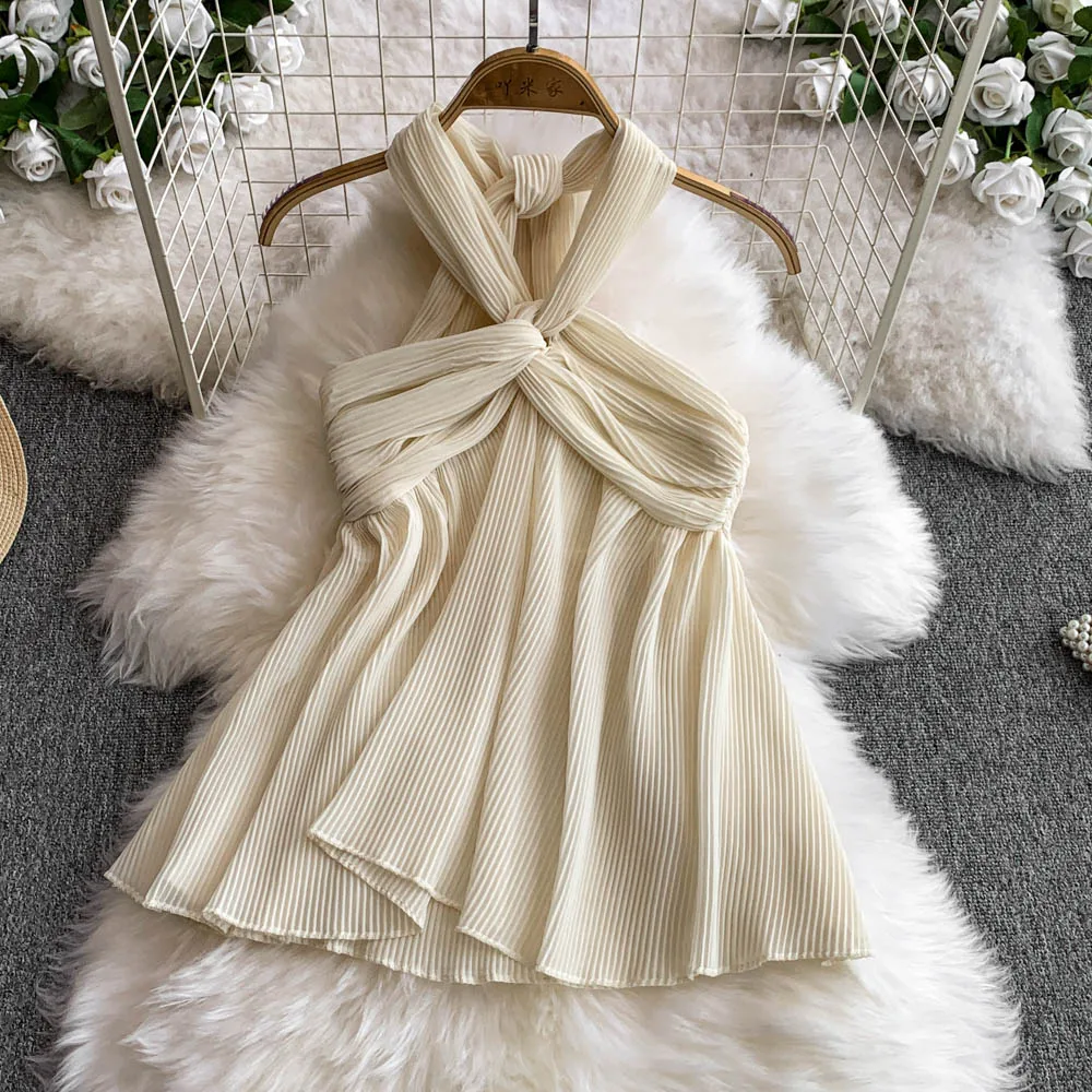 Women Luxury Halter Twist Knot Set Pleated Pants Design Lady Elegant Party Dinner Charming Wedding Honeymoon Beach Vacation Suit