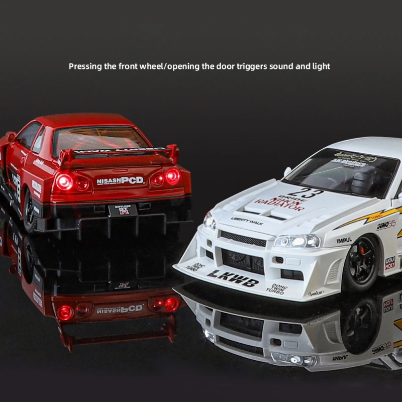 1:24 Nissan Silvia S15 Skyline GTR ER34 LBWK Alloy Modified Vehicles Diecast Metal Scale Car Model Sound＆Light Children Toy Gift