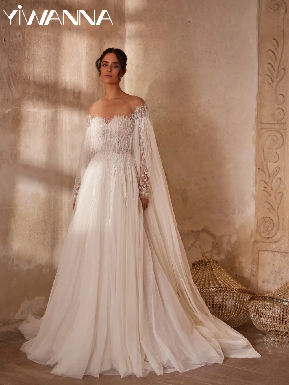 

Glimmering Beaded Cape Sleeve Wedding Dress Dreamy Oneck A-line Long Bridal Gown Customized New Charming Dresses For Bride