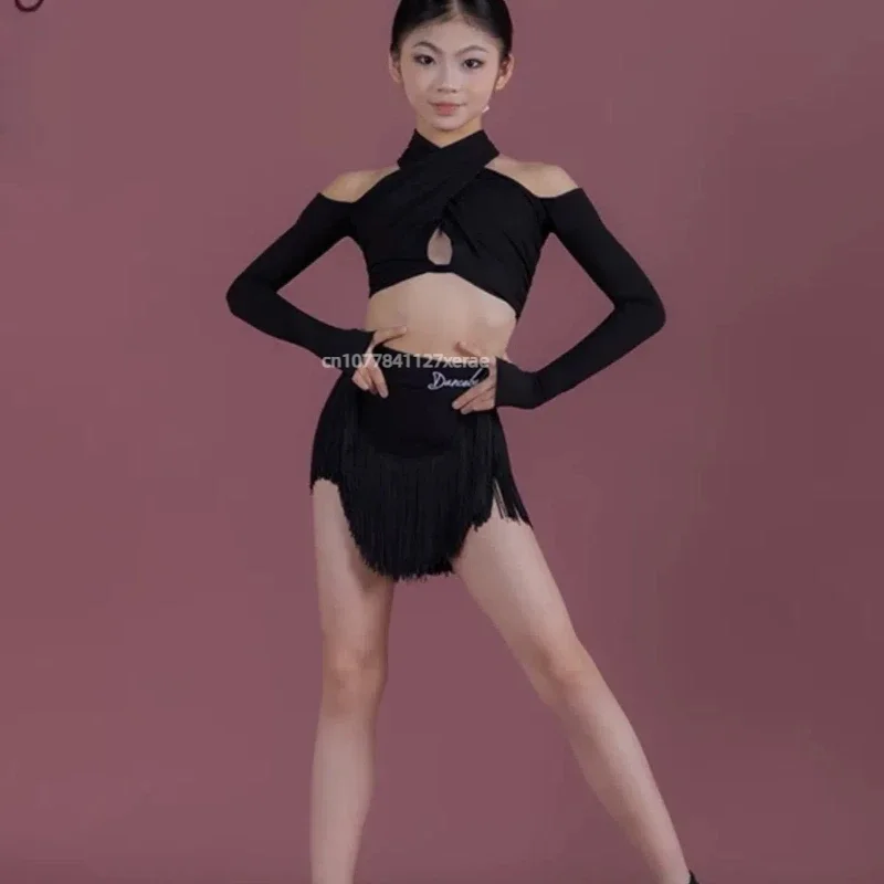 Traje de baile latino, falda con borlas de manga larga para niñas, nuevo conjunto de baile latino para niñas, puesta en escena en grupo