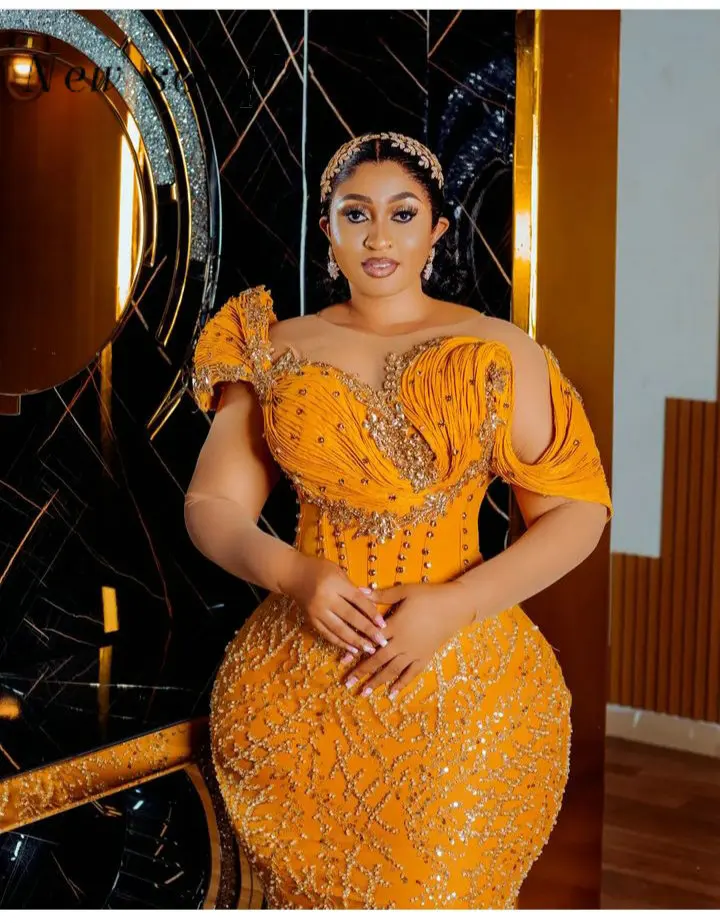 African Aso Ebi Style Orange Mermaid Evening Dresses Plus Size 2024 Long Beaded Sequins Women's Party Gowns for Black Girls