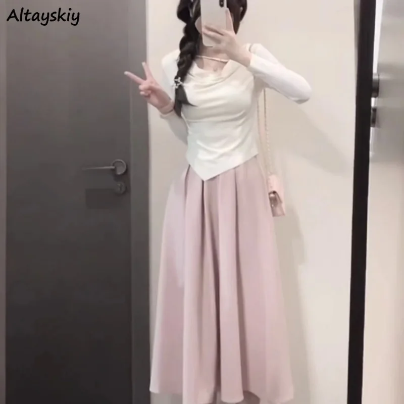 

Комплекты с длинной юбкой, женские белые футболки, эстетичная одежда, мягкая и аккуратная осенняя одежда в Корейском стиле, повседневная одежда Ulzzang для снижения возраста