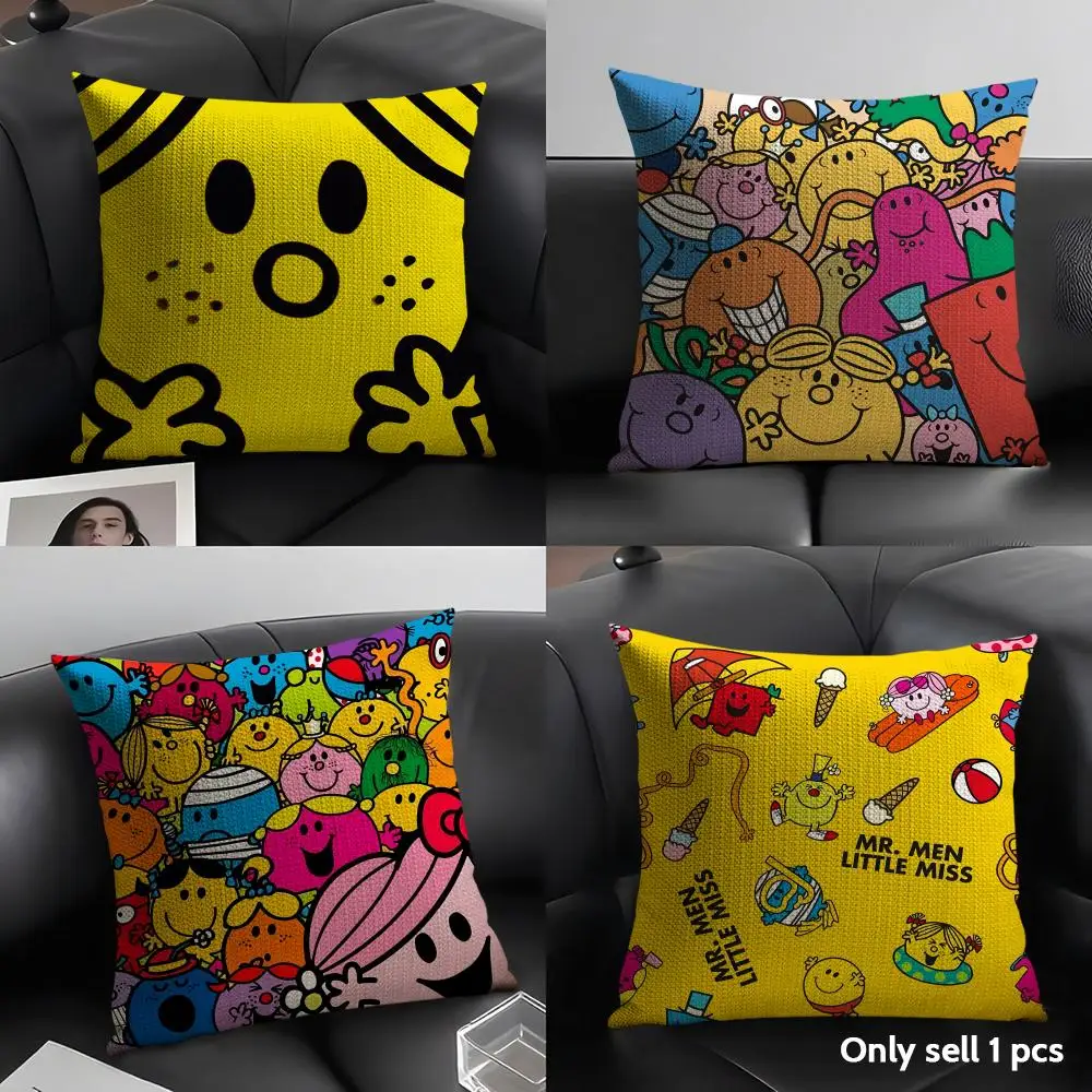 Mr M-Men Cute L-Little Miss Cushion Cover Natural Linen Organic Fabric Double-Sided Printing Sofa Home Decor Gift Pillow Case