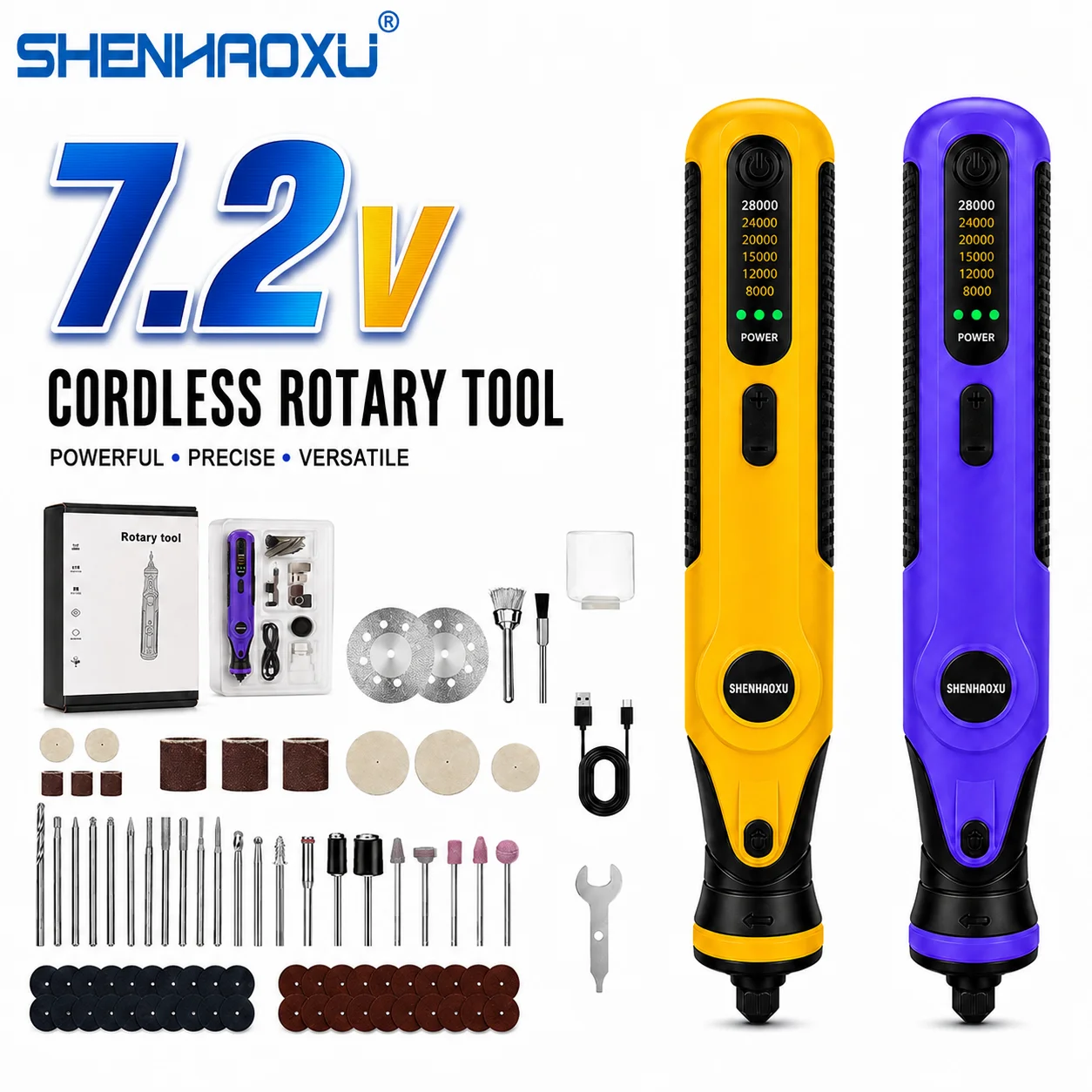 SHENHAOXU Cordless Rotary Tool 7.2V 28000RPM Electric Engraving Grinder Kit 6 Speed Polishing Cutting Tool USB Type-C LED Light