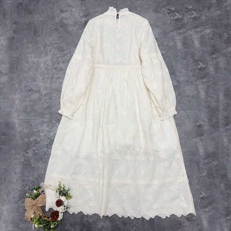 Johnature Japanese Forest Long-sleeved Dress 2024 Spring New Vintage Lace Double Embroidered Tie Ruffles Women Dresses