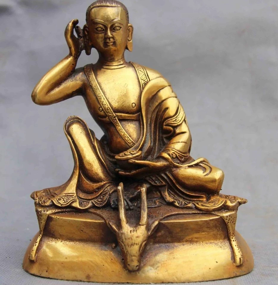 

China Buddhism fane brass Arhat copper spotted deer Head Milarepa Buddha Statue