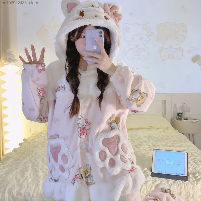 Miniso Cartoon Mikko Cute Plush Matching Set Women Coral Fleece Pink Cardigan Top Hooded Pants 2 Piece Pajamas Suit Y2k Clothes