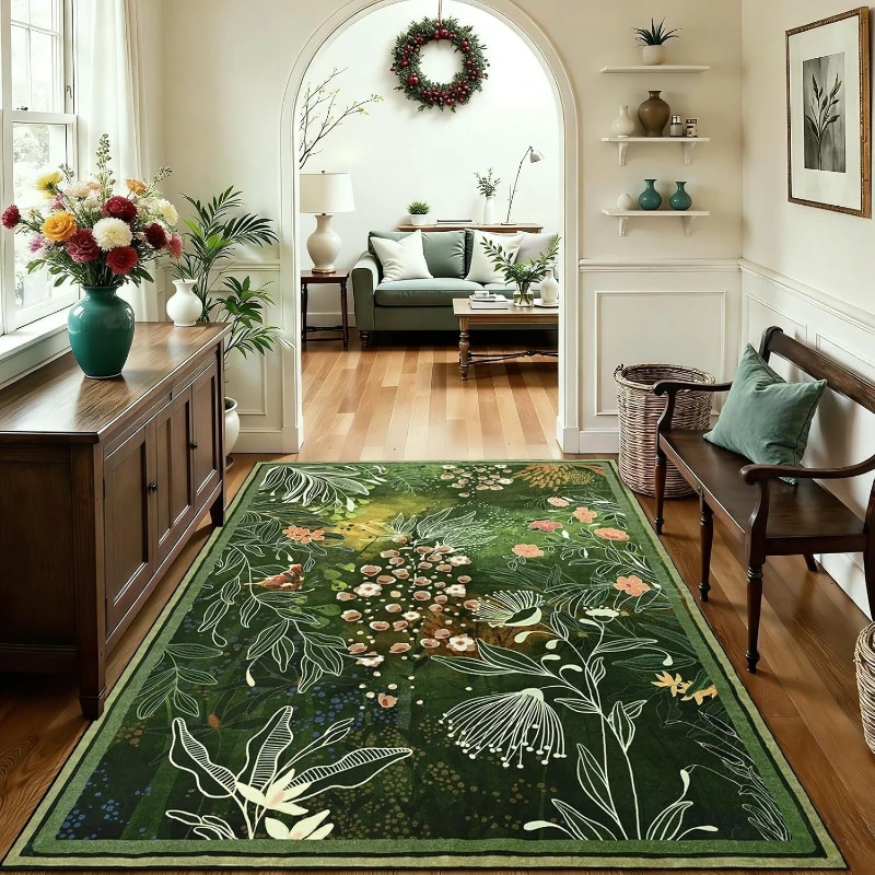 Carpet for Living Room Non-slip Machine Washable Floor Mat Dark Green Plant Pattern Rug Large Size Home Decoration Rugs Alfombra