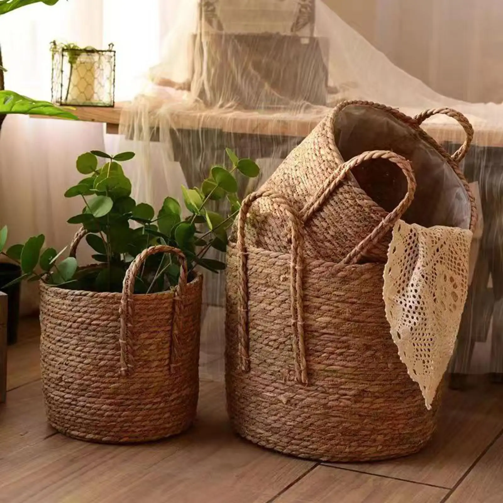 Woven Planter Basket Plant Flower Pot Portable Multifunctional, Home Decor