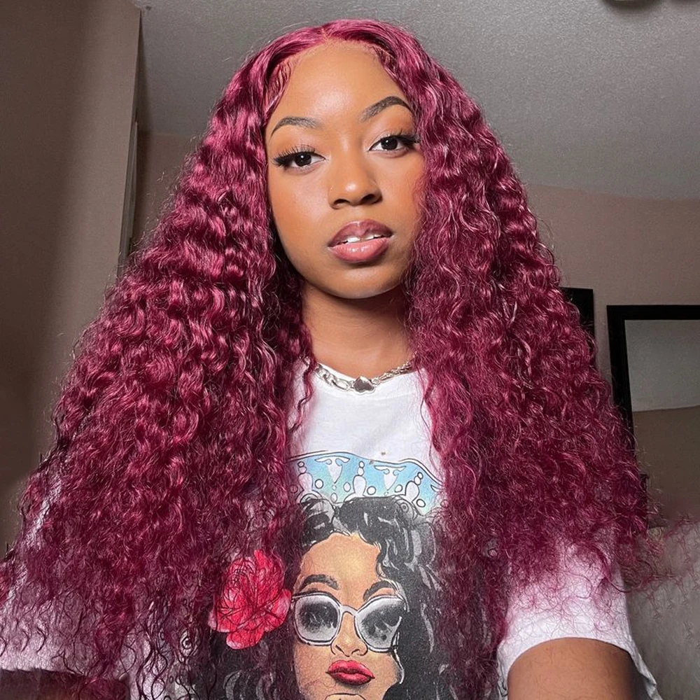 

Burgundy Curly 13x6 Hd Lace Frontal Wig Human Hair 100% Brazilian 13x4 Water Deep Wave 99J Red Colored Wig For Women 30 36 Inch