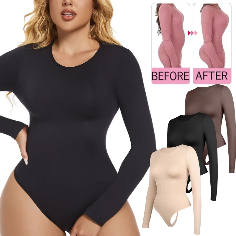 Bodysuits Shapewear for Women Thong Shaper Corsets Long Sleeve Seamless Waist Trainer O Neck BodySuit Stretch Basic T Shirt Tops