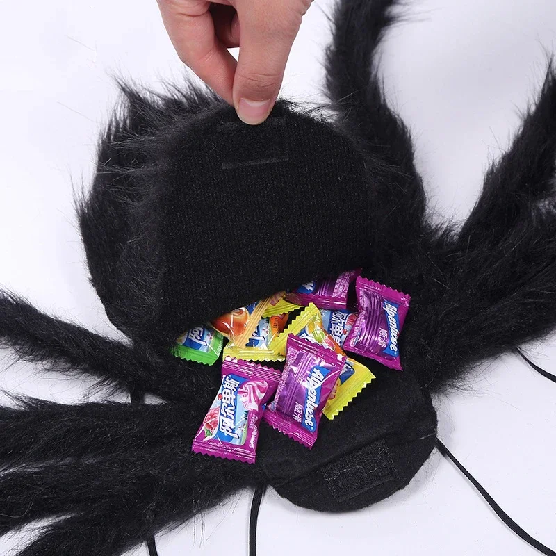 Mochila creativa de araña de felpa negra con bolsillo de caramelo para Halloween, accesorios de fiesta, accesorios de ropa, correa de araña para Halloween