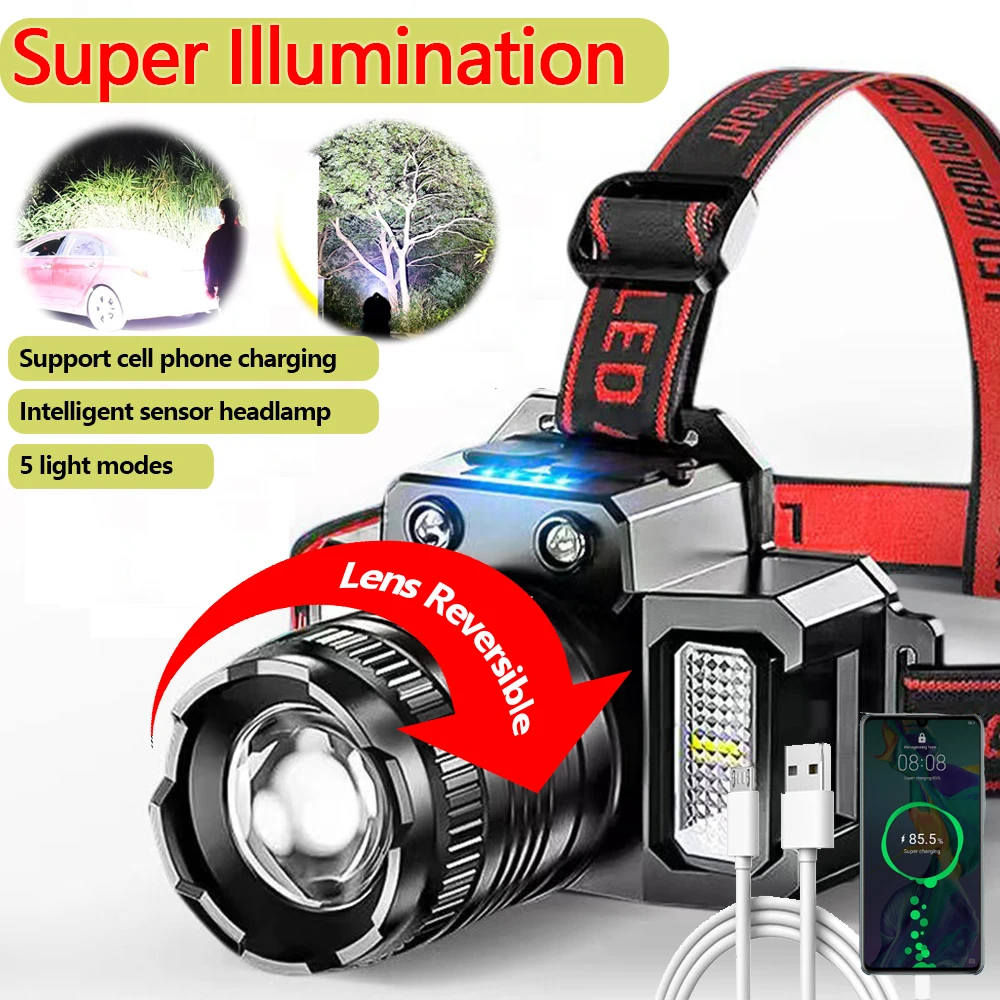 Rechargeable Headlamp 2000mah Super Bright Torch Light T51 Induction LED Headlight Waterproof Camping Mobile Power Bank Flashing