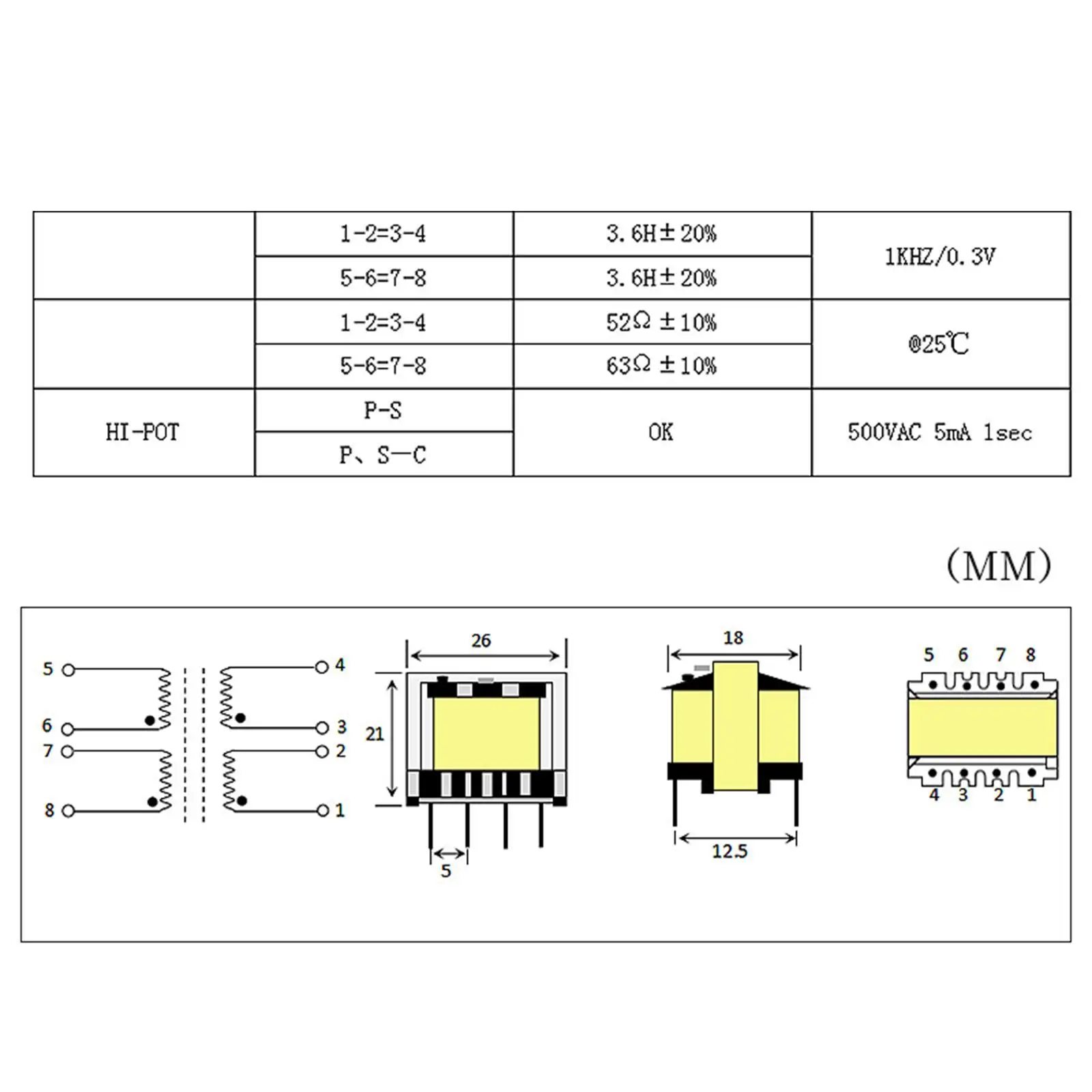 Audio Transformer Durable EE25 Easy to Install 600:600 Replace High Quality Transformer for Microphone Audio Signal Transformer