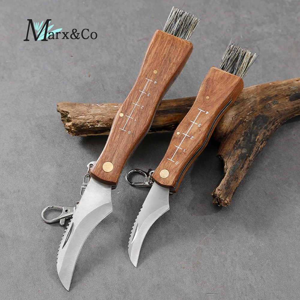 Outdoor Camping BBQ Mushroom Knife Wooden Handle Sharp Camping Hunting Survival Multifunctional Folding Knife Brush