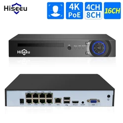 Hiseeu H.265 + 4CH 10CH 16CH NVR POE para cámara de vigilancia de seguridad IP sistema CCTV 5MP 8MP 4K grabadora de Audio y vídeo detección facial