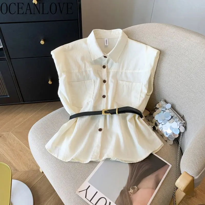 

OCEANLOVE Sleeveless Blouses Solid Elegant Spring Summer Simple Women Shirts Korean Fashion Chic Blusas Feminina