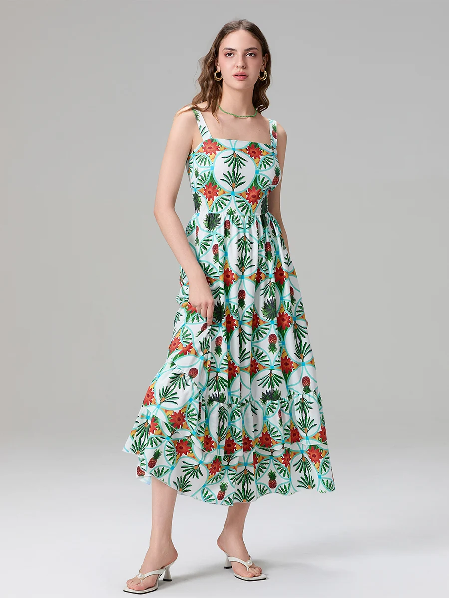 Damska sukienka bez rękawów z kwadratowym dekoltem Letnia sukienka bez rękawów z kwiatowym nadrukiem w kształcie litery A Długa zwiewna sukienka