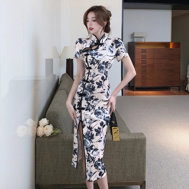 

Traditional Chinese Style Cheongsam Women Elegant Print Slim Retro Qipao Nightclub Sexy Bodycon Evening Dress Vintage Vestidos