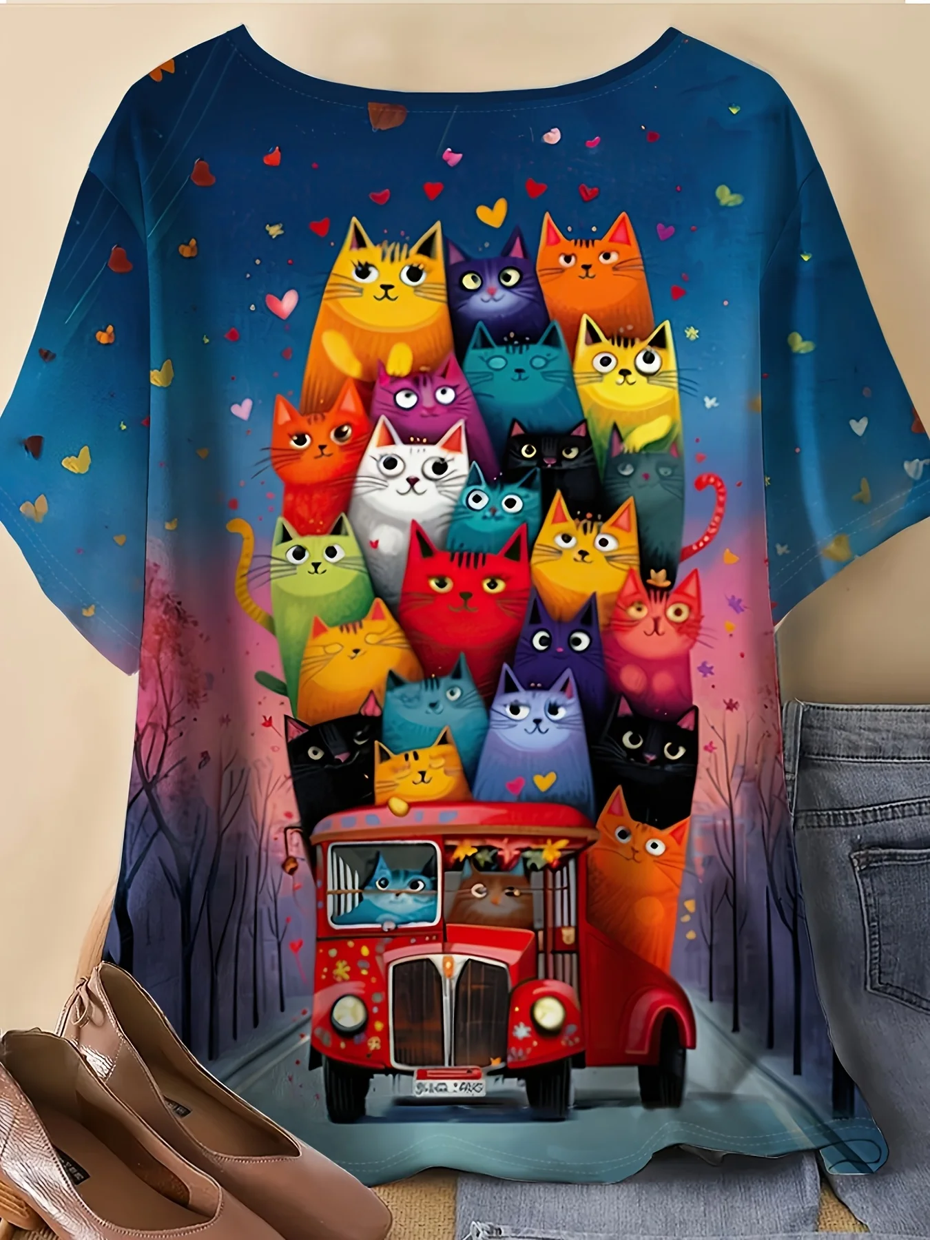 Women Round Neck Short Sleeve T‑shirt Colorful Cartoon Cats Retro Truck Heart Print Loose Casual Daily Tee Top Women's Clothes