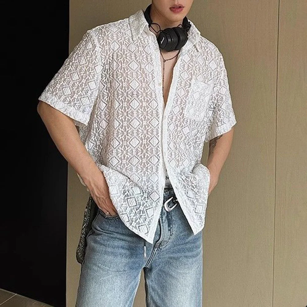 Mens Shirt Lace See-Through Transparent Geometric Shirt Summer Beach Vacation Hawaiian Slim Short Sleeve Top Men\'S Clothing