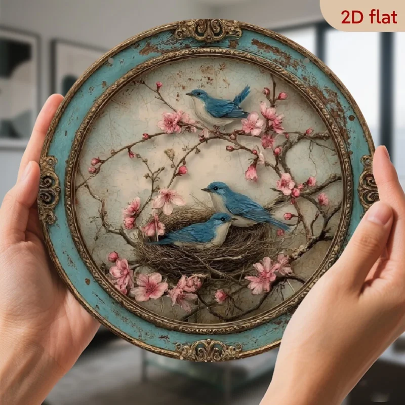 2D Flache, Vintage Blaue Vögel & Vogelnest Runde Metall-Wandkunst Schild - 20x20 cm Innen-/Außendekoration, Langlebiges Aluminium-Nest