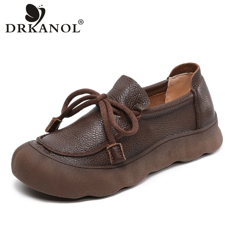 

DRKANOL 2025 г. Модные женские туфли на плоской подошве ручной работы в стиле ретро в литературном стиле с круглым носком из натуральной коровьей кожи, мягкая удобная повседневная женская обувь