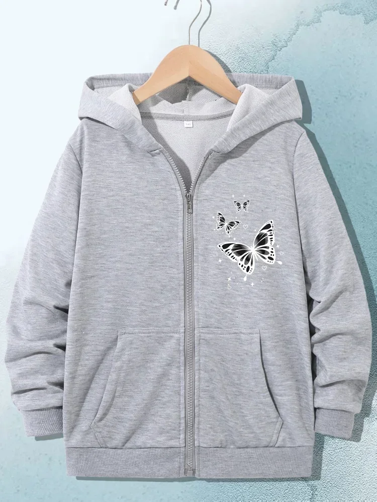 Little Girls Cute Star Heart Butterfly Print Zip Hoodie Kids Long Sleeve Fashion Loose Outdoor Hooded Outerwear