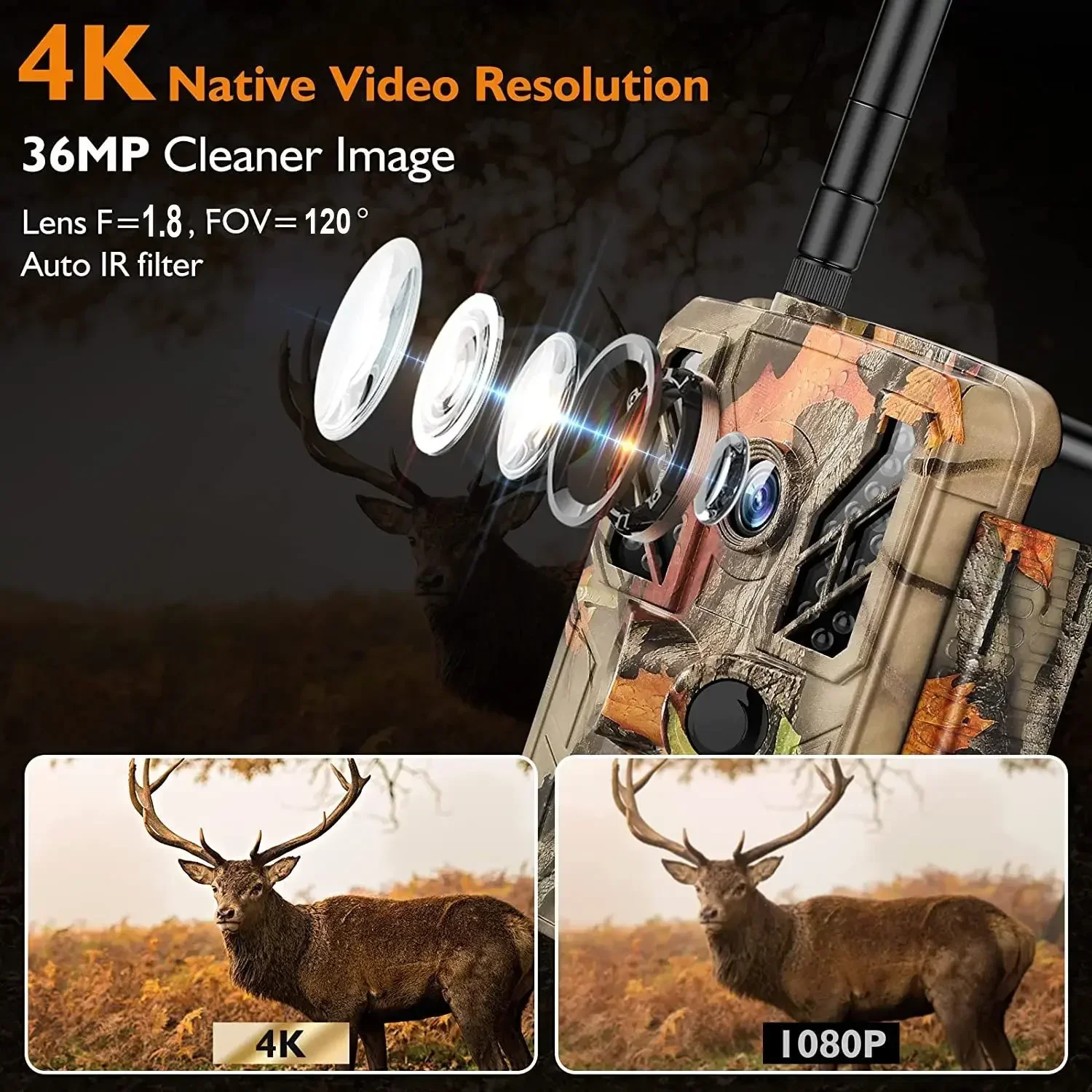 4K Hunt tracking camera 36mp 0.2 seconds trigger infrared range 30m support GPS tracking IP67 waterproof wildlife movement