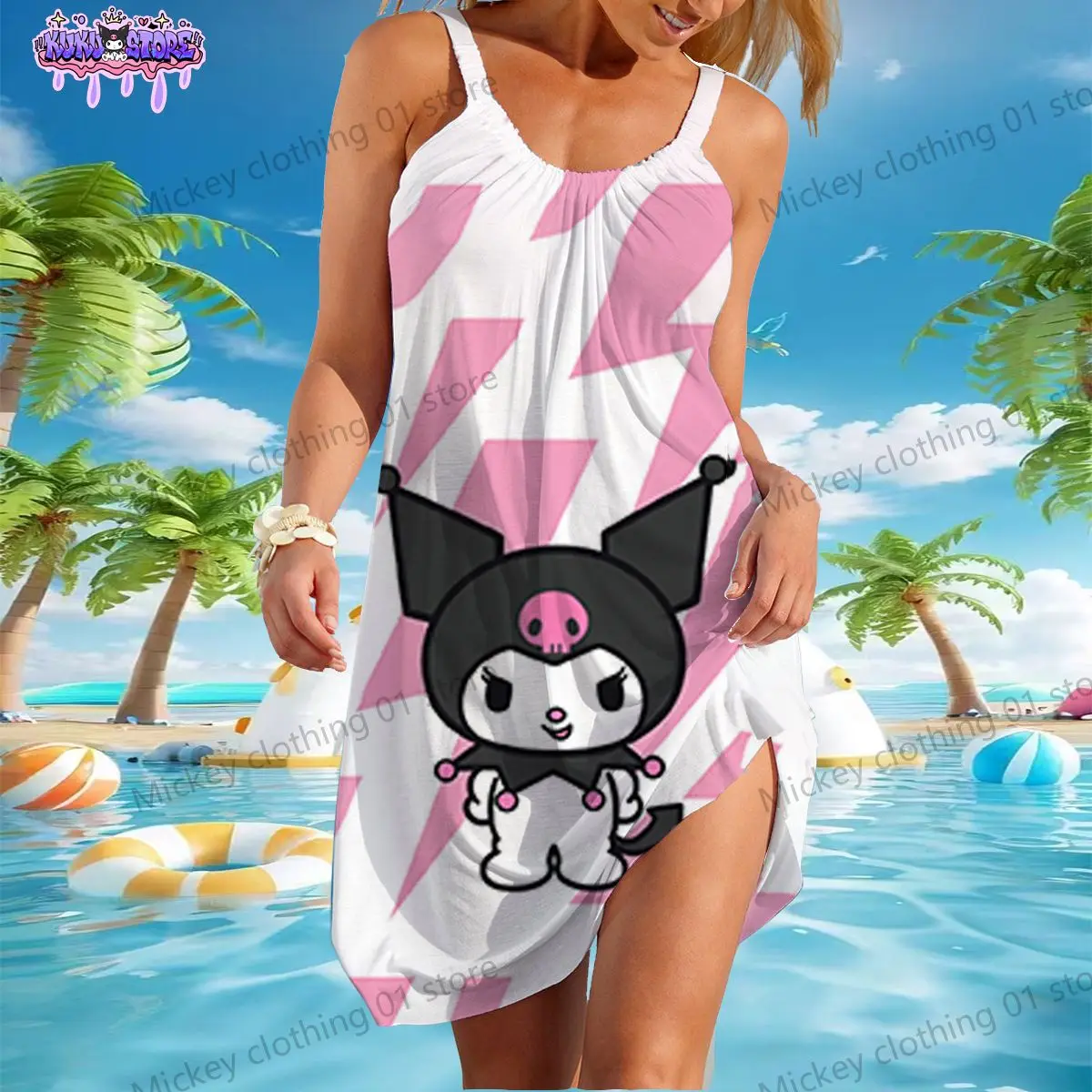 Kuromi Frauen Strand kleider Kawaii Sommer weibliche Kleidung Schlinge Y2k Sanrio 2024 jugendliche Frau Kleidung Anime Boho Kleid Party