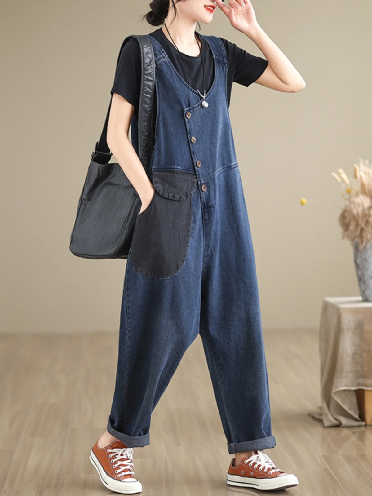 

Faionable Vintage One-Piece Pants Women's Loose plus Size Denim Slimming Strap Pants Trendy High Waist Nine-Piece Pants