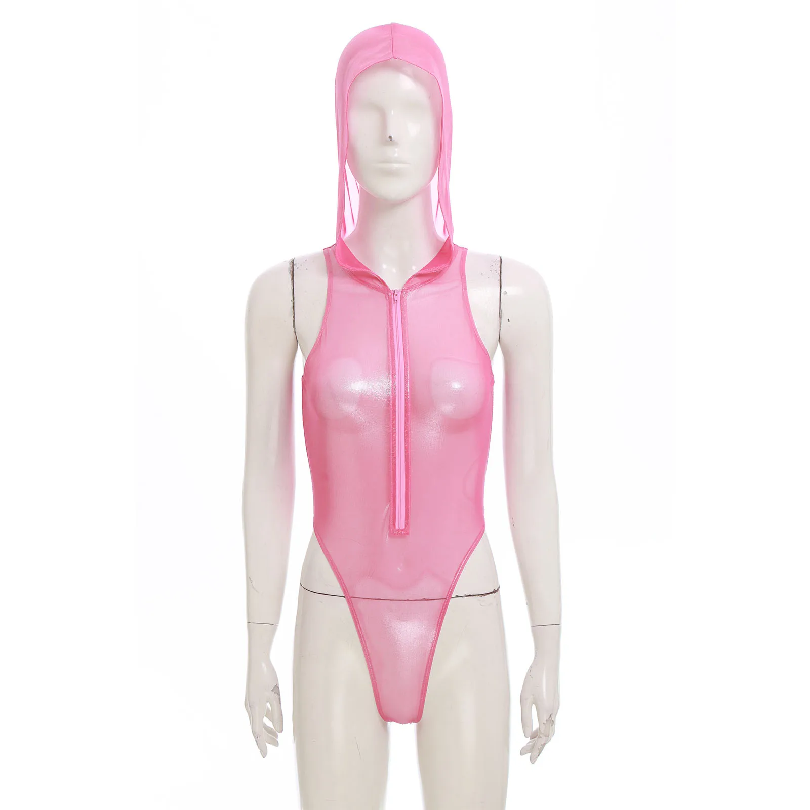 

Womens Shiny See Through Hooded Bodysuit Sparkly Sheer Sleeveless Front Zipper High Cut Leotard Jumpsuit Carnival Nigh Club Wear