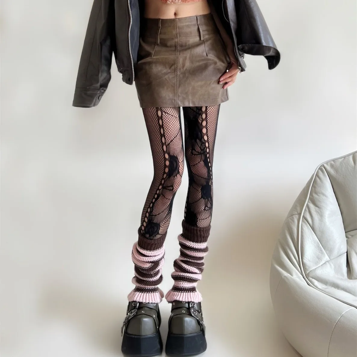 Funky Women Tights Lace Rose Pattern Pantyhose Black Floral Print Sheer Tights Mesh Tights Chain Link Detail High Waist Sexy
