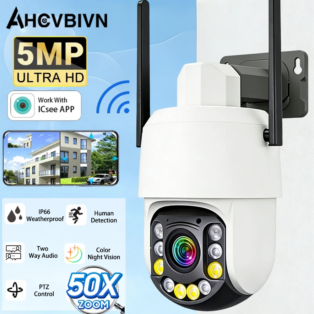 

Уличная Wi-Fi камера видеонаблюдения iCSee с 50-кратным зумом, 2K 5MP, PTZ, функцией обнаружения людей, беспроводная камера для видеонаблюдения.