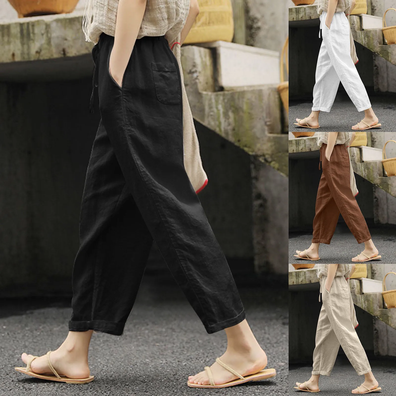 Summer Casual Thin Trousers Women Cotton Linen Solid Color Pockets Drawstring Pants Ladies Simple Street Elastic Waist Pants