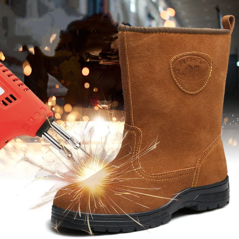 mens fashion safety boots cow suede leather work shoes steel toe caps high boot autumn winter welding oilfield worker long botas