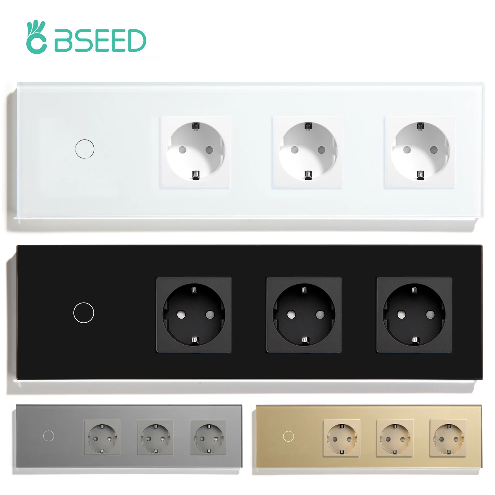 BSEED 1/2/3Gang 1Way Touch Switches With Wall Triple Sockets EU Standard Glass Wall Led Light Power Switches Blue Backlight