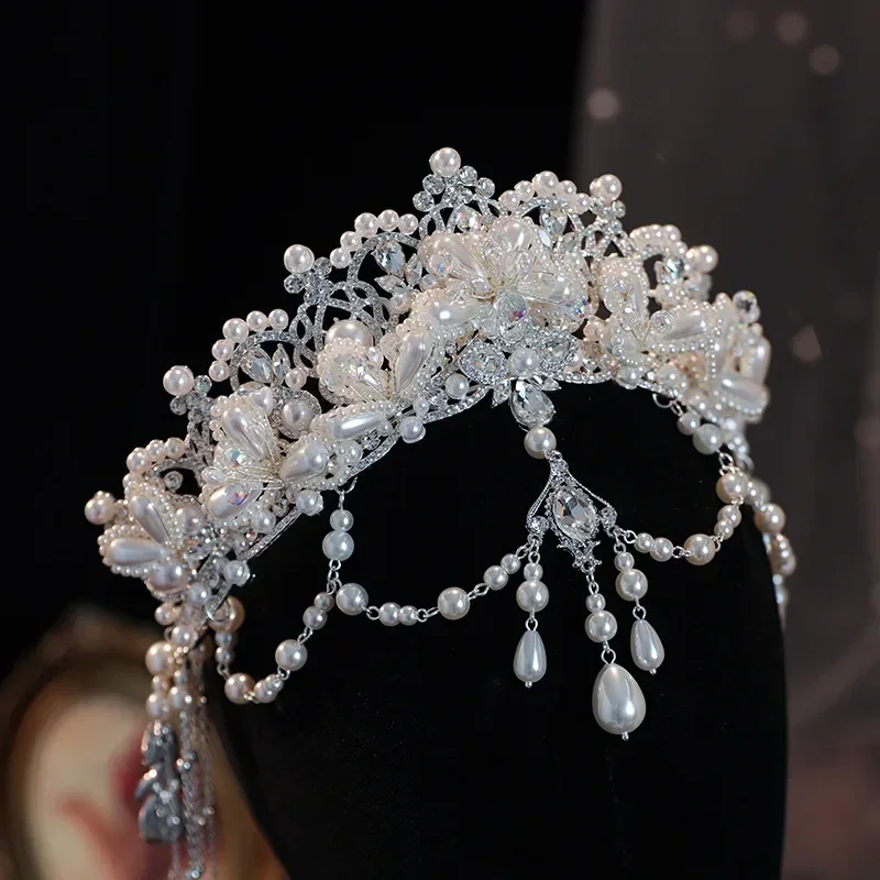 Fairy Bride Crystal Pearl Tassel Crown Handmade  Eyebrow Pendant Forehead Dress Headwear Wedding Crown With Ear Clip
