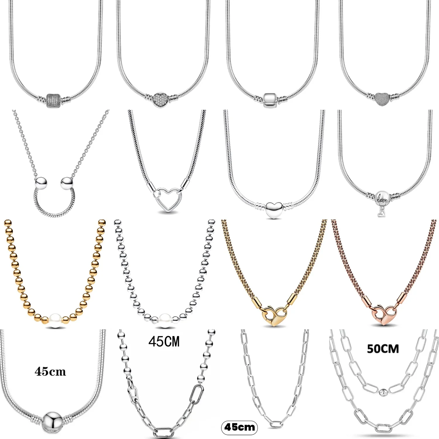 

2025 Hot Sale 925 Silver Plated Snake Chain 45CM-50CM Necklace Heart Pendant Fit Original Beads Charms DIY Jewelry Fine Gift