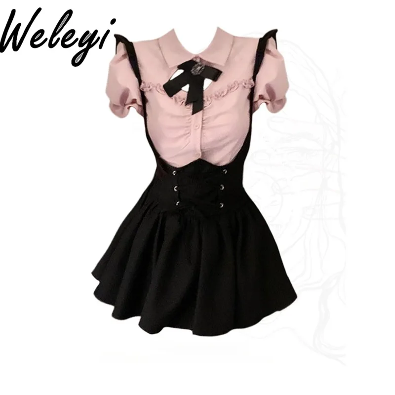 

Sweet Women's Two Piece Skirts Set Summer Plus Size Fat Sister Pink Flying Sleeves Shirt Lace Up Cute Black Suspender Skirt Suit