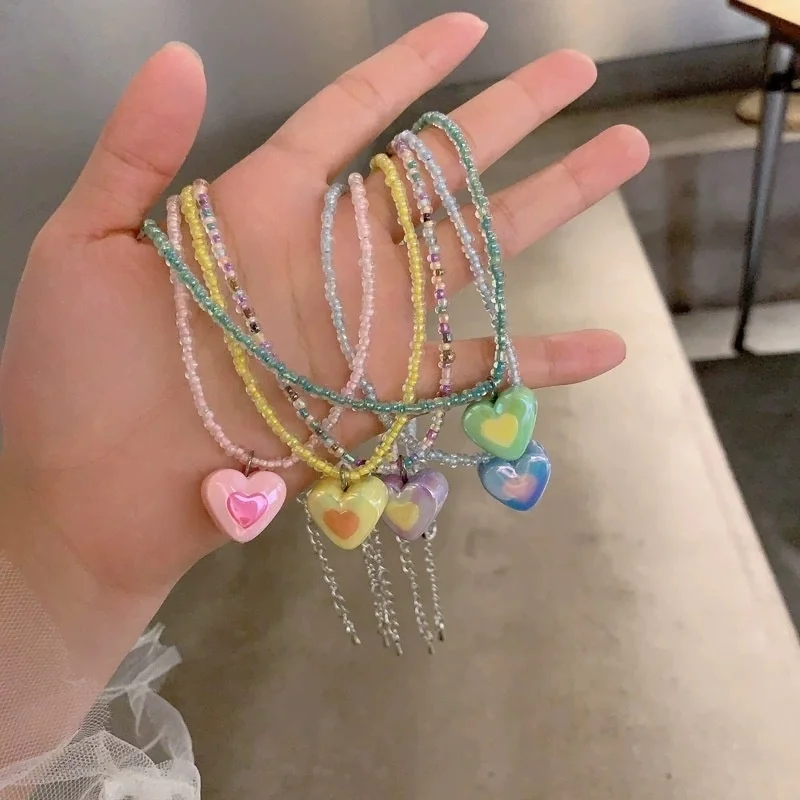 Colorful Dopamine Heart Shaped Necklace Clavicle Chain Unique Design Summer Jewelry Accessory for Women Daily Party Wear