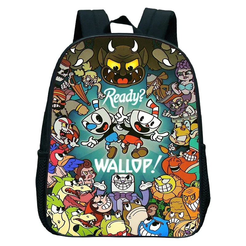 Cuphead Cartoon Print School Bags Toddler Boys Kindergarten Backpack 12 Inch Waterproof Bookbag Girls Anime Backpack Kids Bags