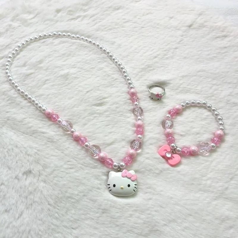 Y2K Hello Kittys Necklace Anime Kt Colorful Beaded Bracelet Ring for Children Party Jewelry Princess Hairpin Girl Birthday Gift