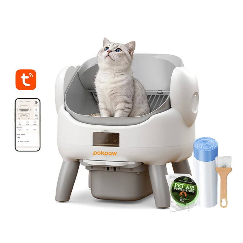 POKPAW Automatische Zelfreinigende Kattenbak met APP-besturing, 72L Grote Ruimte, 9L Afvalbak, Ingebouwde Opstap, Ultrastil 20dB, Gezondheidsmonitoring, Gewicht & Infraroodsensor, Veilig voor Kitten
