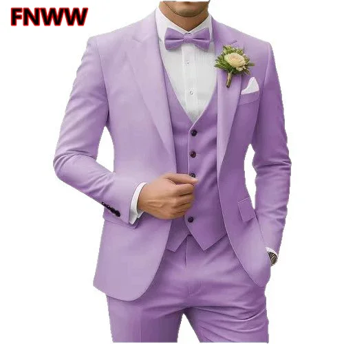 

3 Piece Classic Tuxedos Blazer Vest Pants Formal Elegant Suits for Men Lilac Stylish Male Wedding Groomsman Bespoke 2026