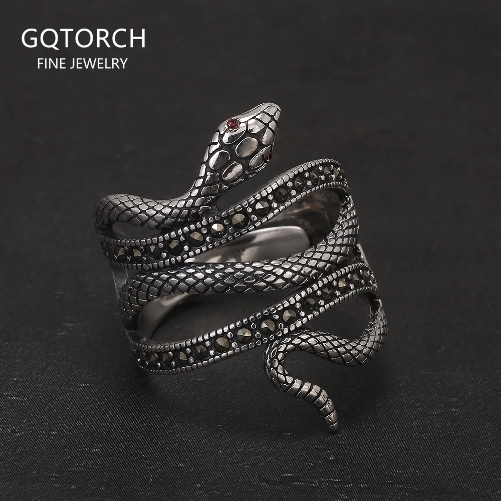 

925 Sterling Silver Gothic Snake Ring for Women Red Zircon Micro Paved Hematite Vintage Adjustable Finger Ring Punk Cool Jewelry