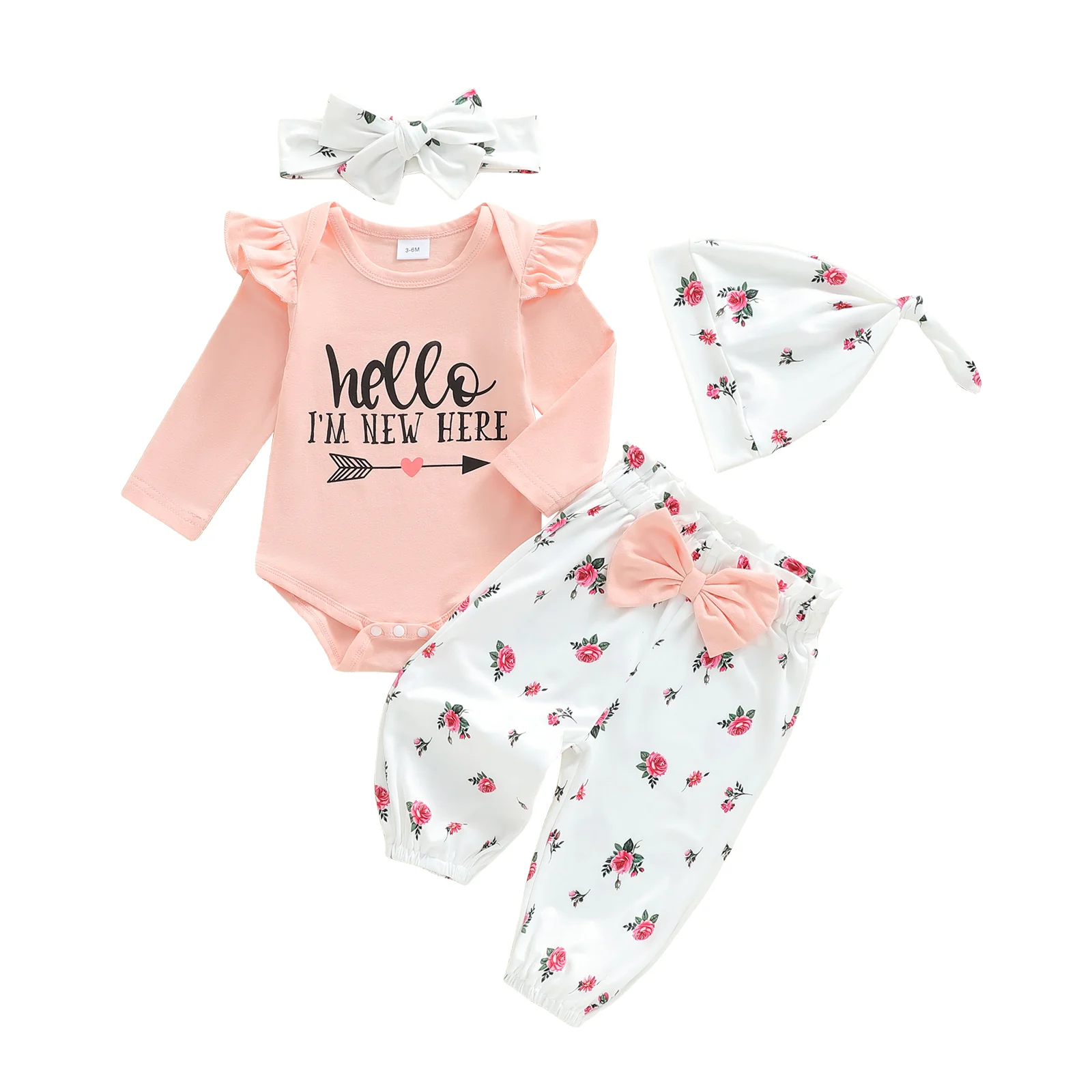 

Baby Girl Fall Outfits Letter Long Sleeve Round Neck Romper Floral Pants Bow Headband Hat 4 Pcs Set