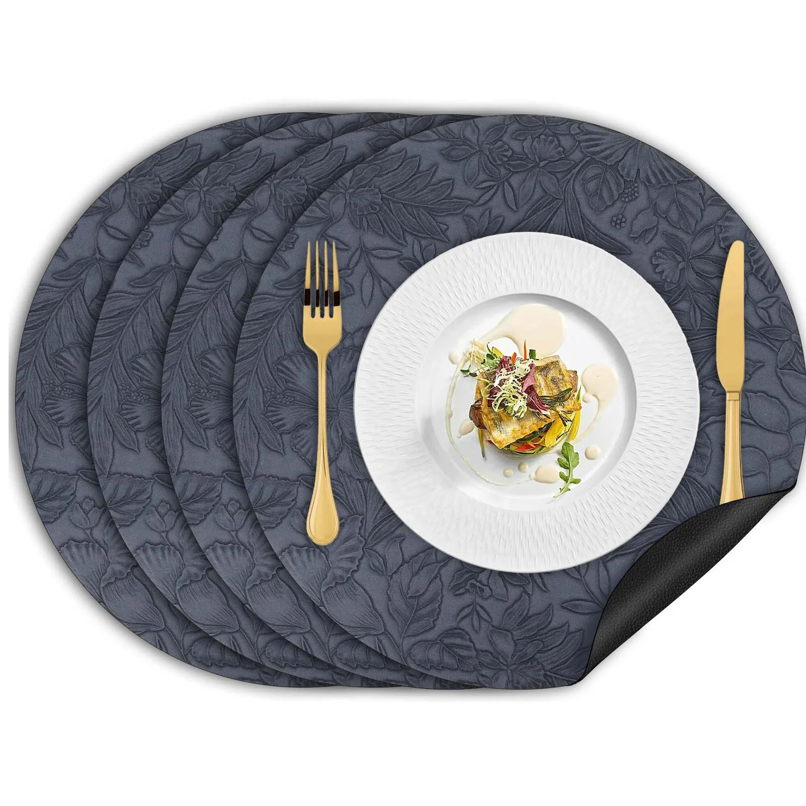 14 Inch Placemats Dual-Sided Leather Table Mats Heat-Resistant Non Slip Waterproof, Round Floral Wipeable Washable Place Mat